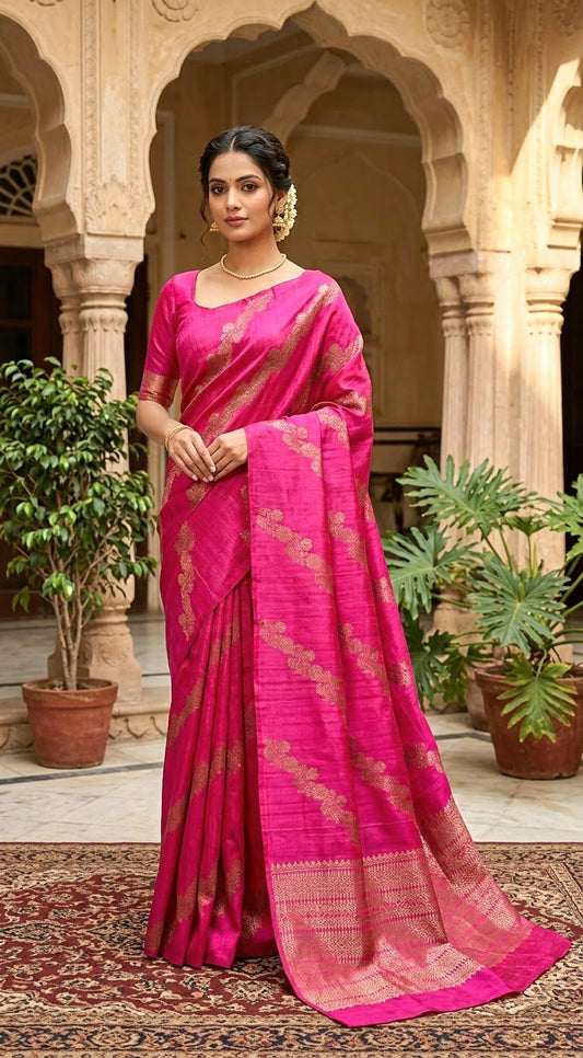 Pure raw silk saree with golen zari weave-stitched blouse