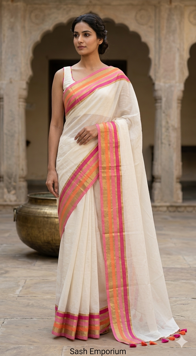 Mul cotton saree with multicolor border (fall and pico done)NO Blouse piece