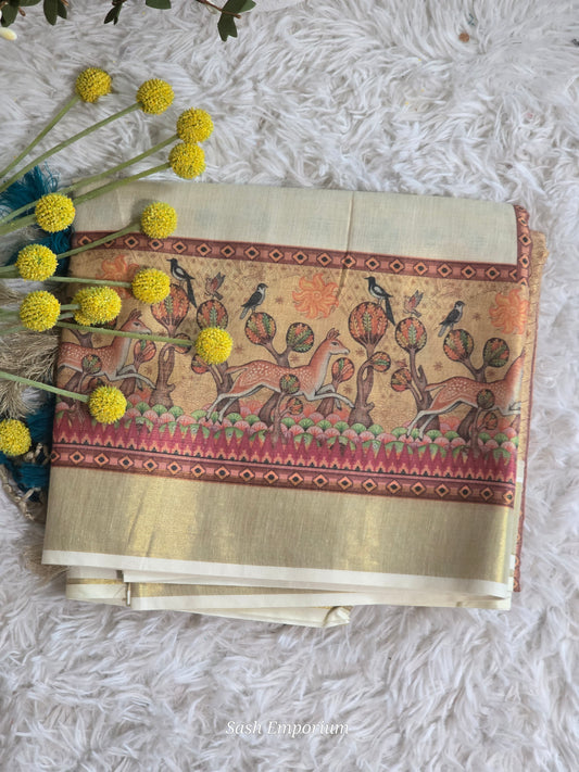 Tissue set saree with mural printed design
