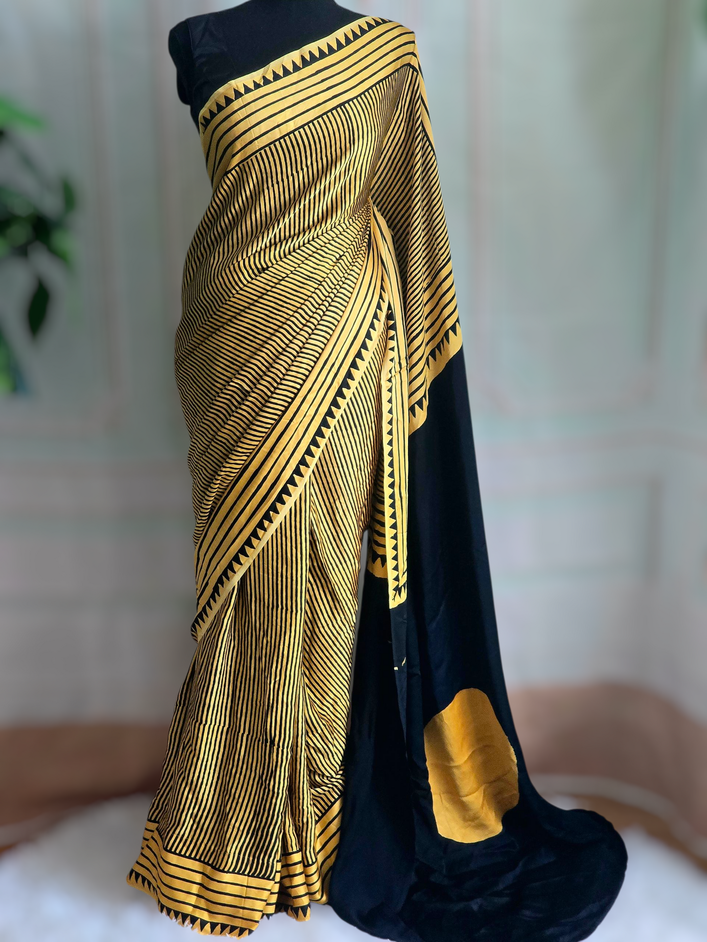 Modal silk saree with black stripes- stitched blouse