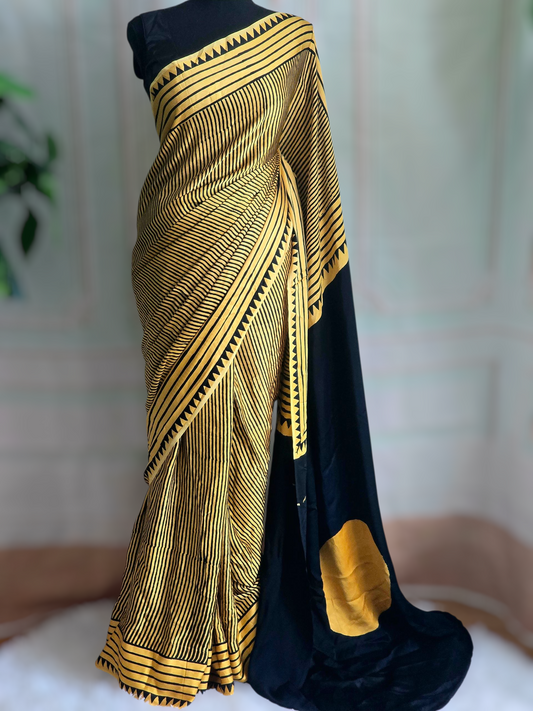 Modal silk saree with black stripes- stitched blouse