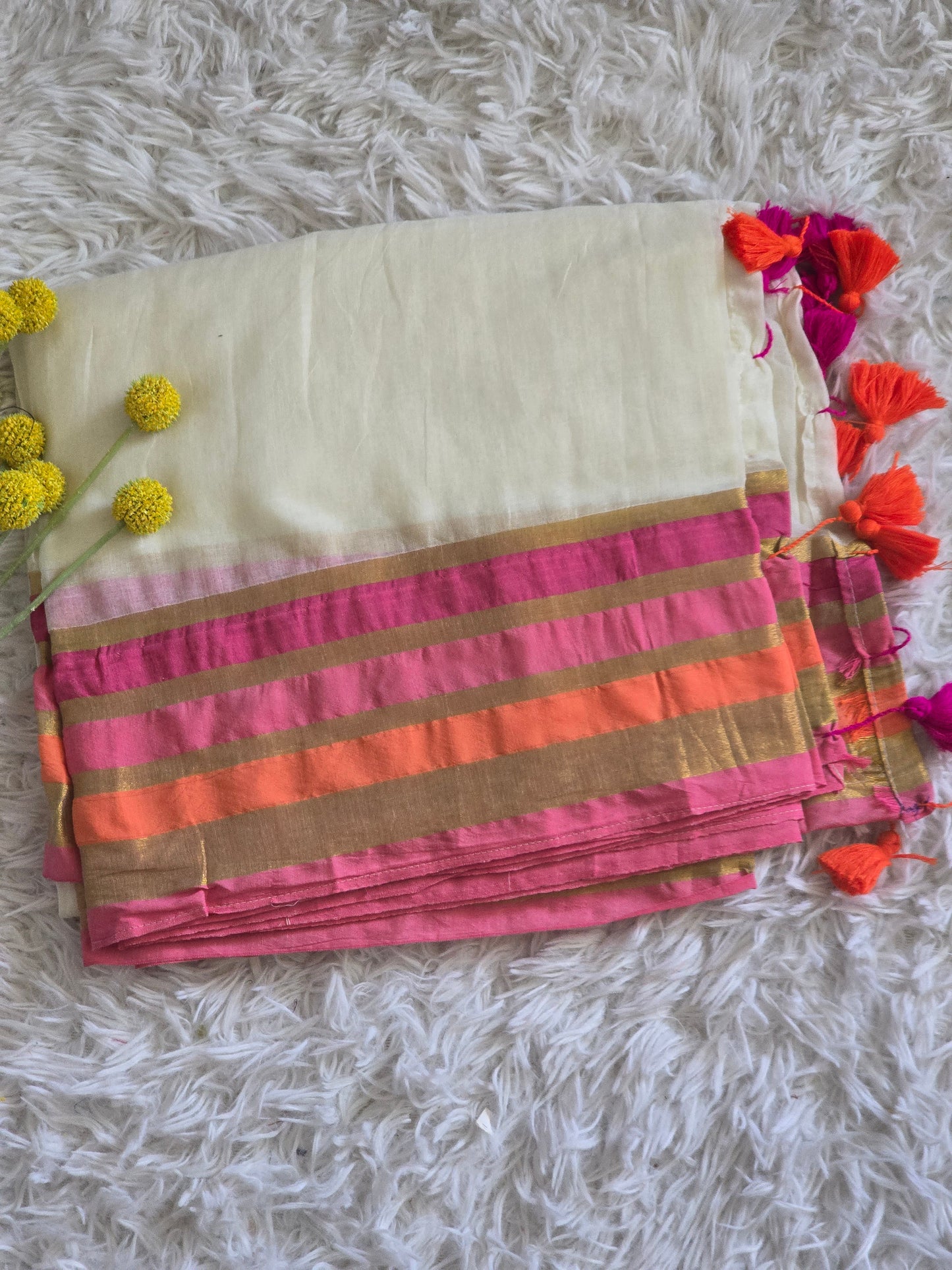 Mul cotton saree with multicolor border (fall and pico done)NO Blouse piece