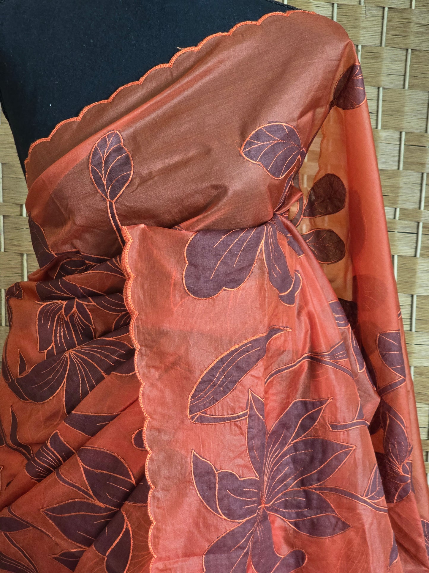 Turquish organza saree ( burnt orange) with applique work- stitched blouse
