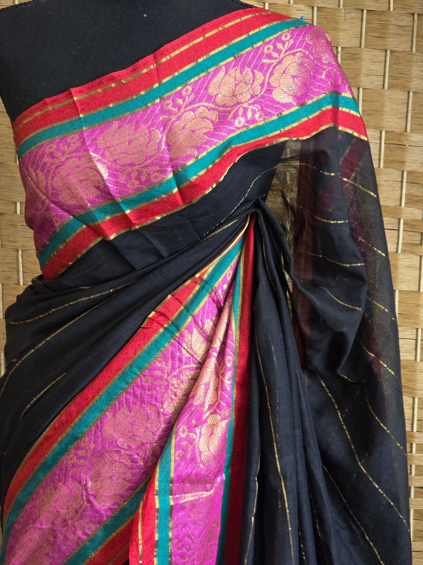 Black Mul cotton saree with kanchee border - No BP ( saree fall and pico done)
