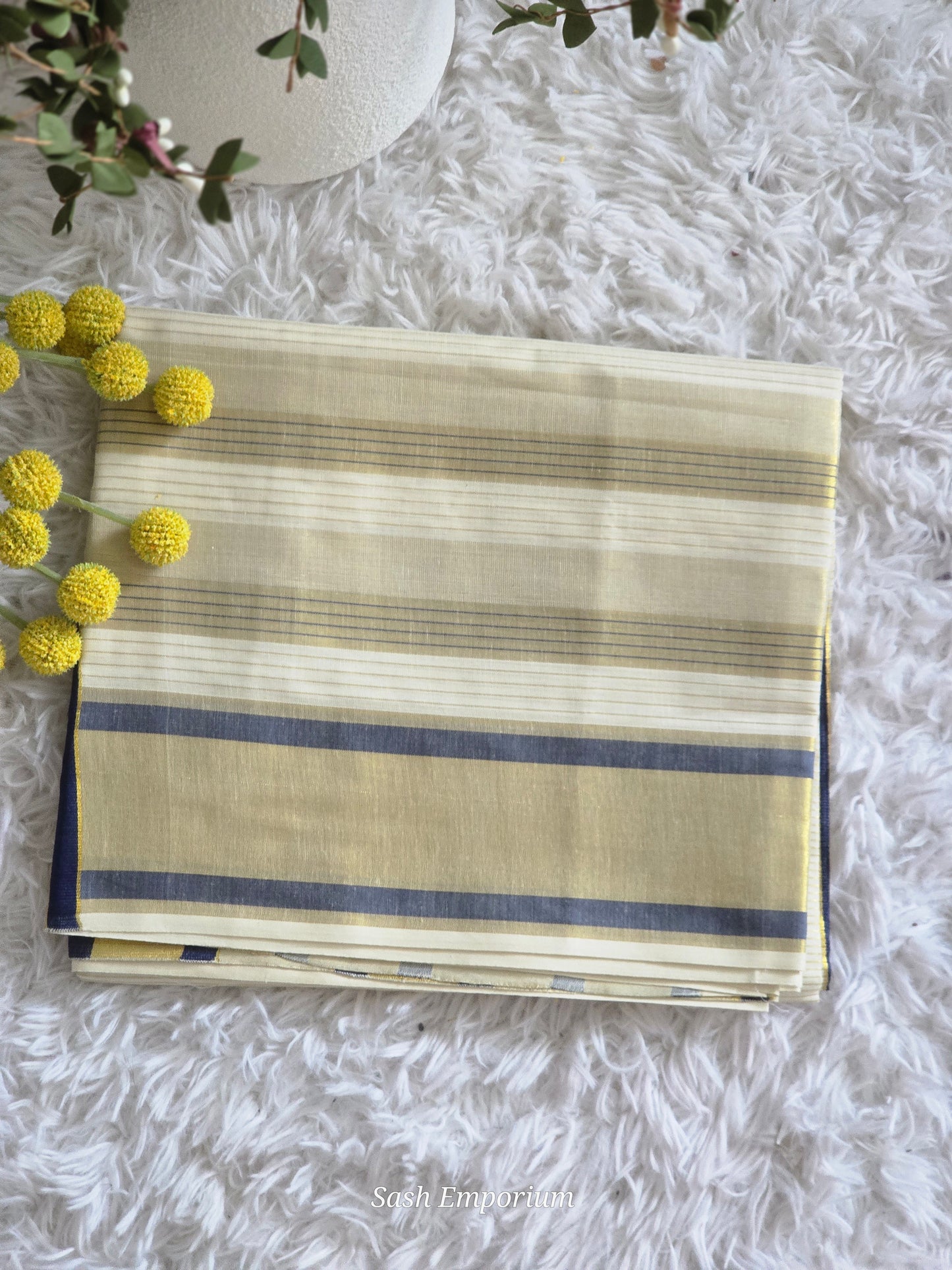 Cotton set saree with gold blue border