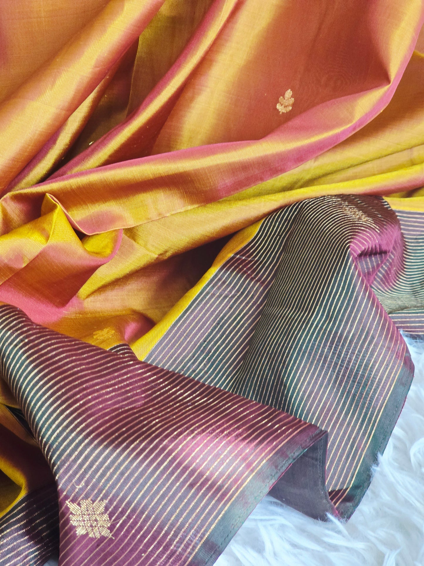 Soft silk kancheepuram(mutard yellow greenish brown)saree with stitched blouse/falln pico