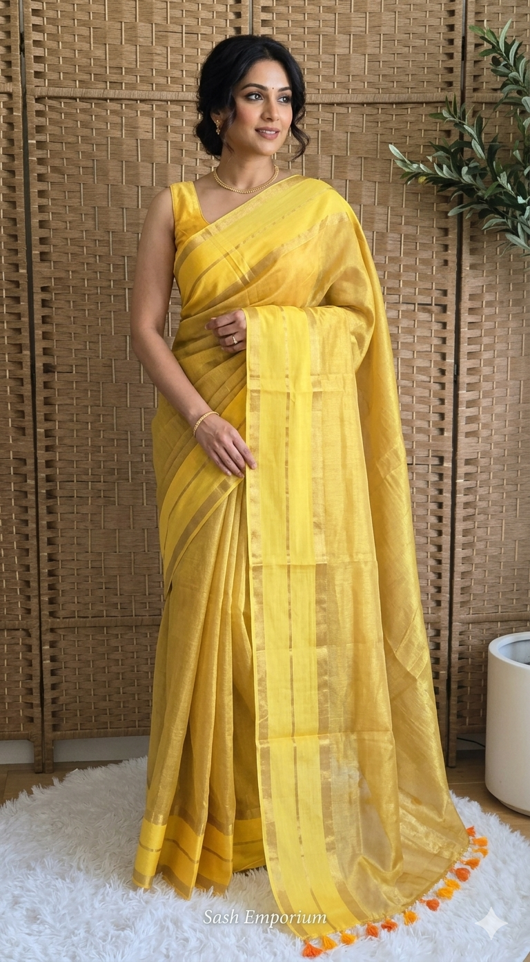 Tissue cotton saree with yellow border- No BP