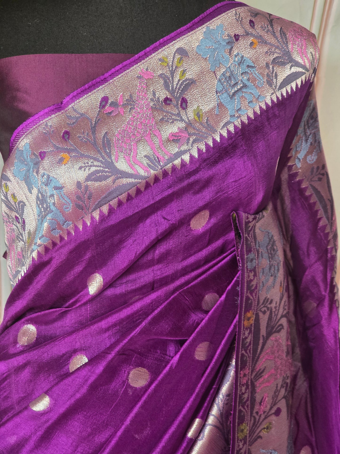 Munga silk saree paithani weaved border- Stitched blouse