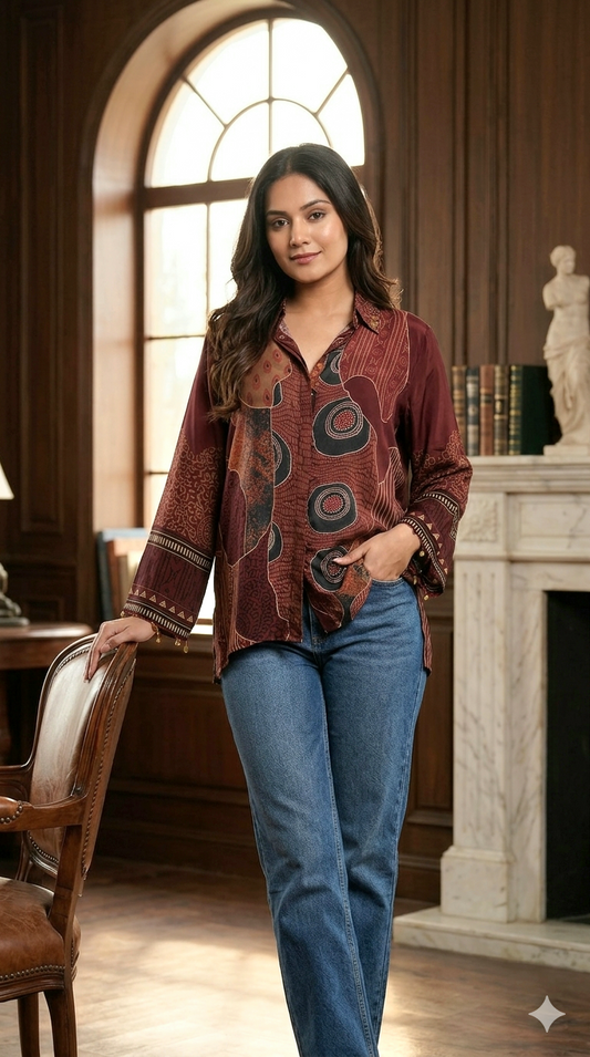 Pure crepe silk shirt with ajrakh print