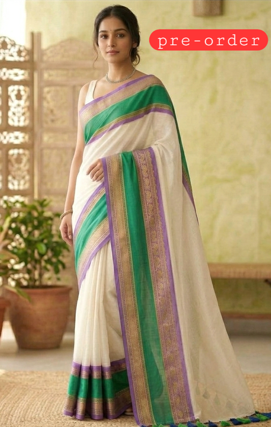 Mul cotton saree with green lavender kanchee border