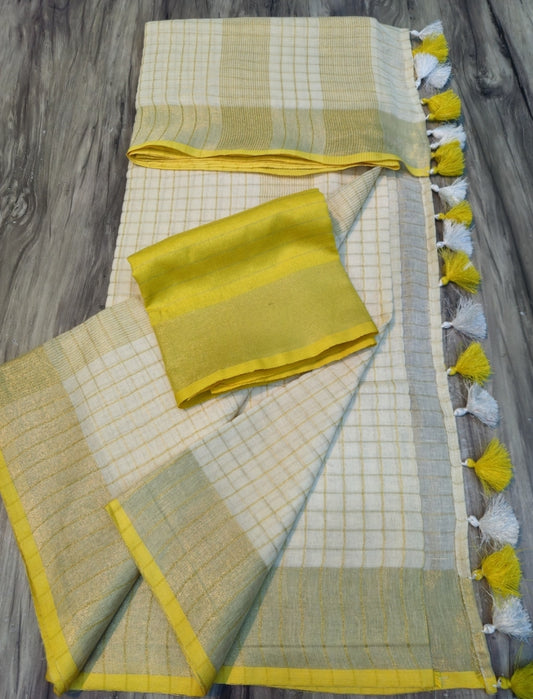 Cotton (mix)linen onam saree with stitched blouse (Yellow)