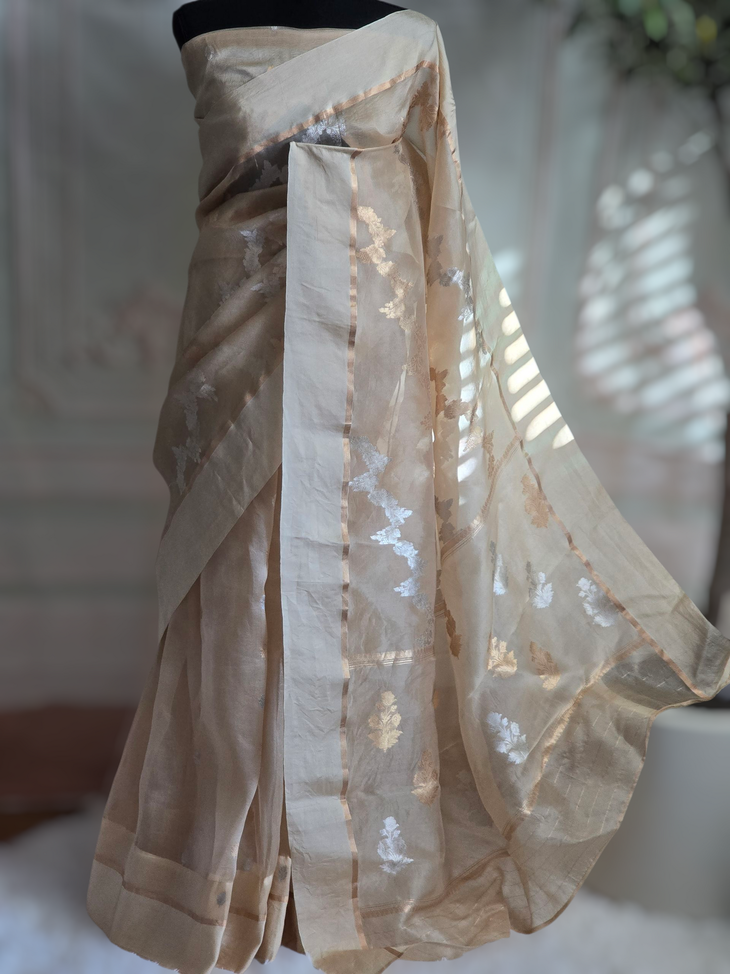 Beige golden shade-Kora Organza saree with golden weaves- Stitched blouse