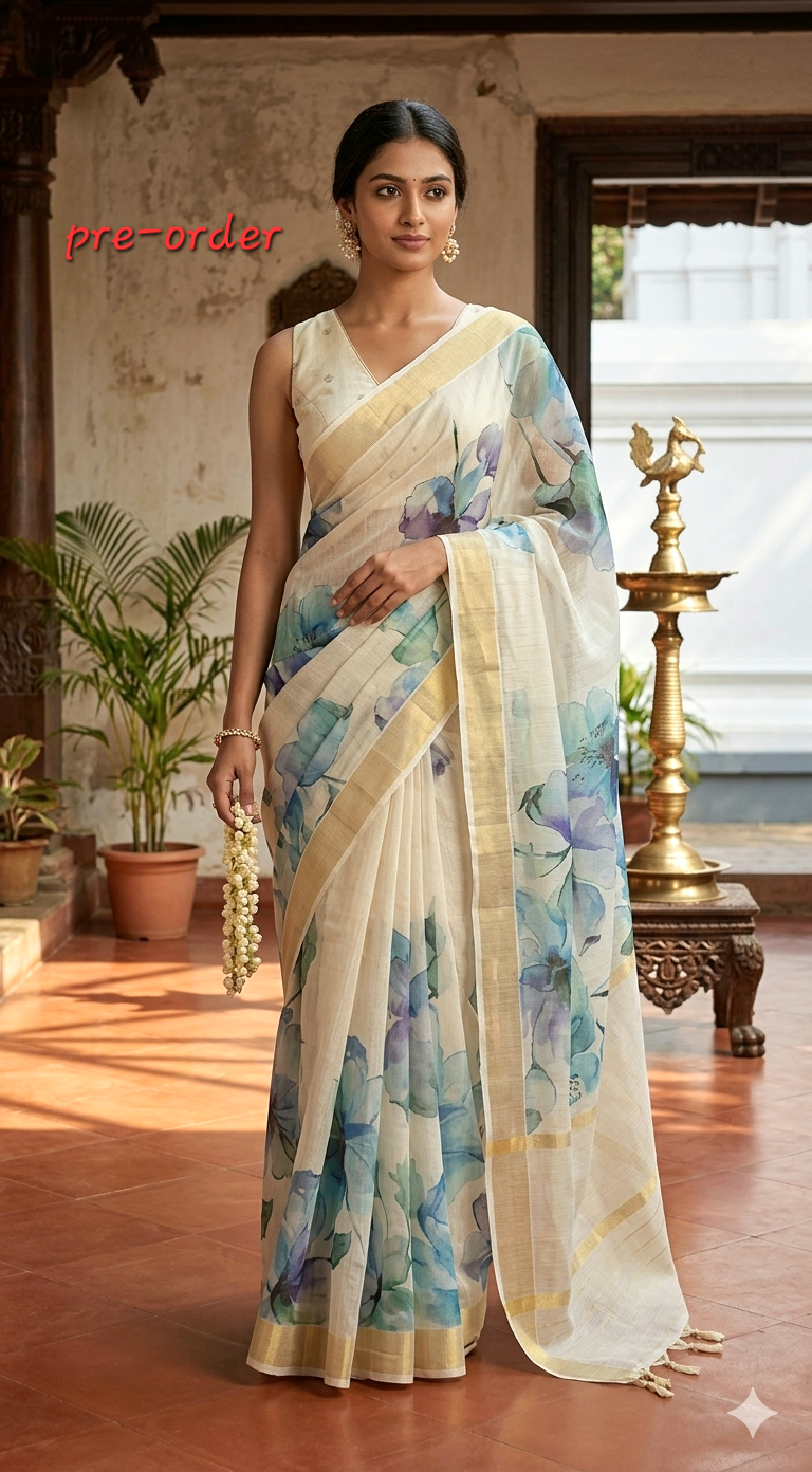 Semi silk saree with floral design (Delivery time 3 weeks- blouse stitching available)