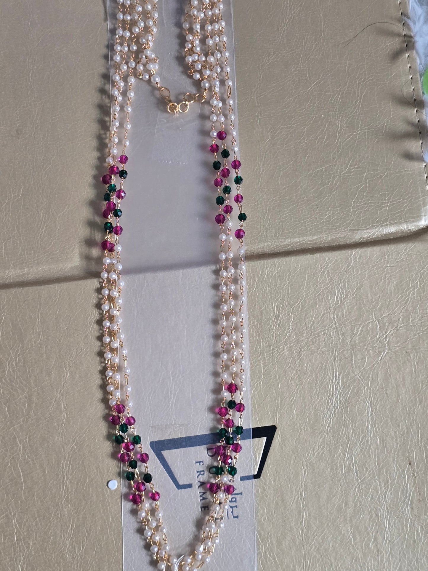 Long 3 layer pearl chain green/ pink