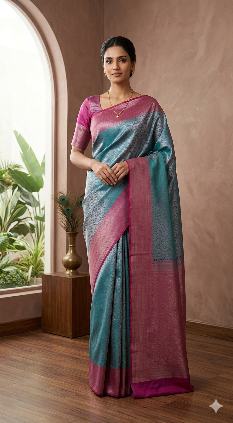 Brocade semi silk saree with stitched blouse