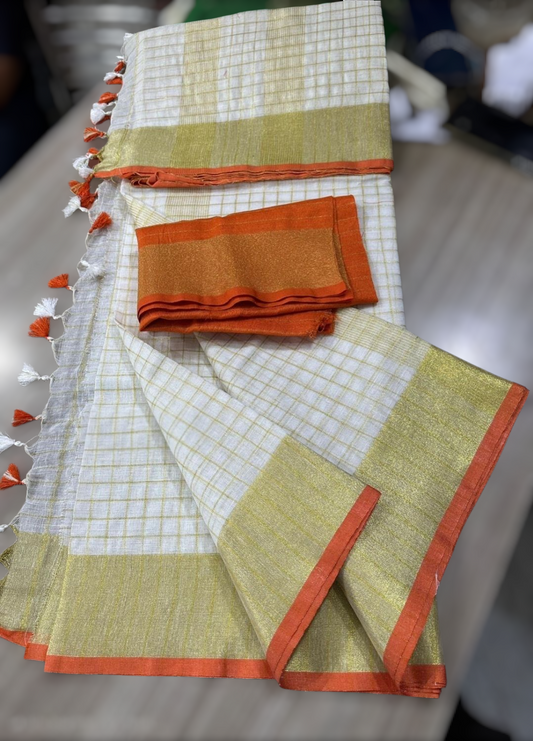 Cotton (mix) linen onam saree with stitched blouse (burnt orange)