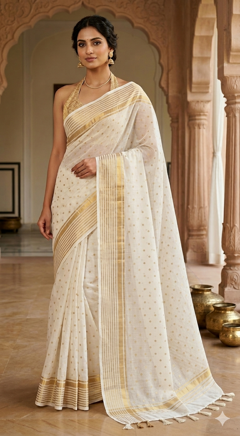 Mul cotton saree with small gold buttas and border (fall and pico done)NO Blouse piece