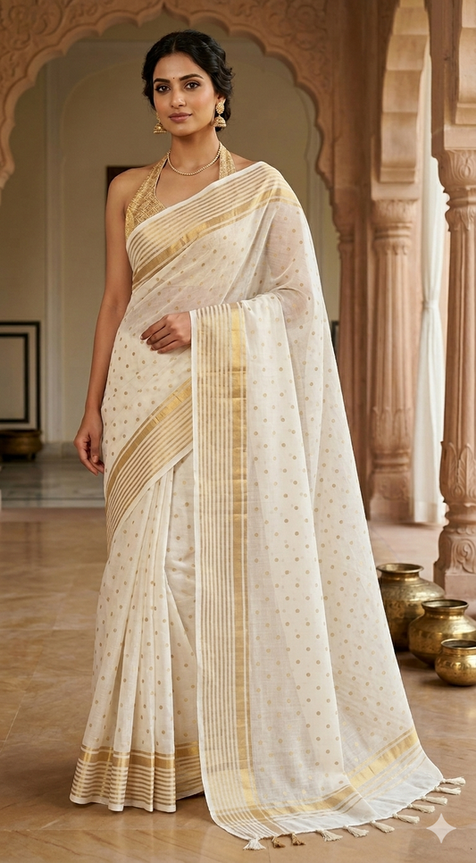 Mul cotton saree with small gold buttas and border (fall and pico done)NO Blouse piece