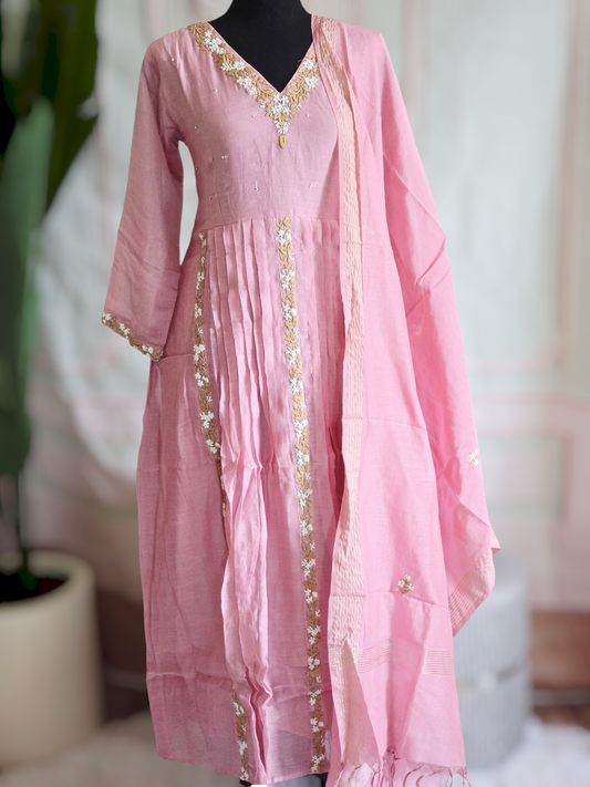 Malai chanderi 3 pc salwar suit set(Baby pink