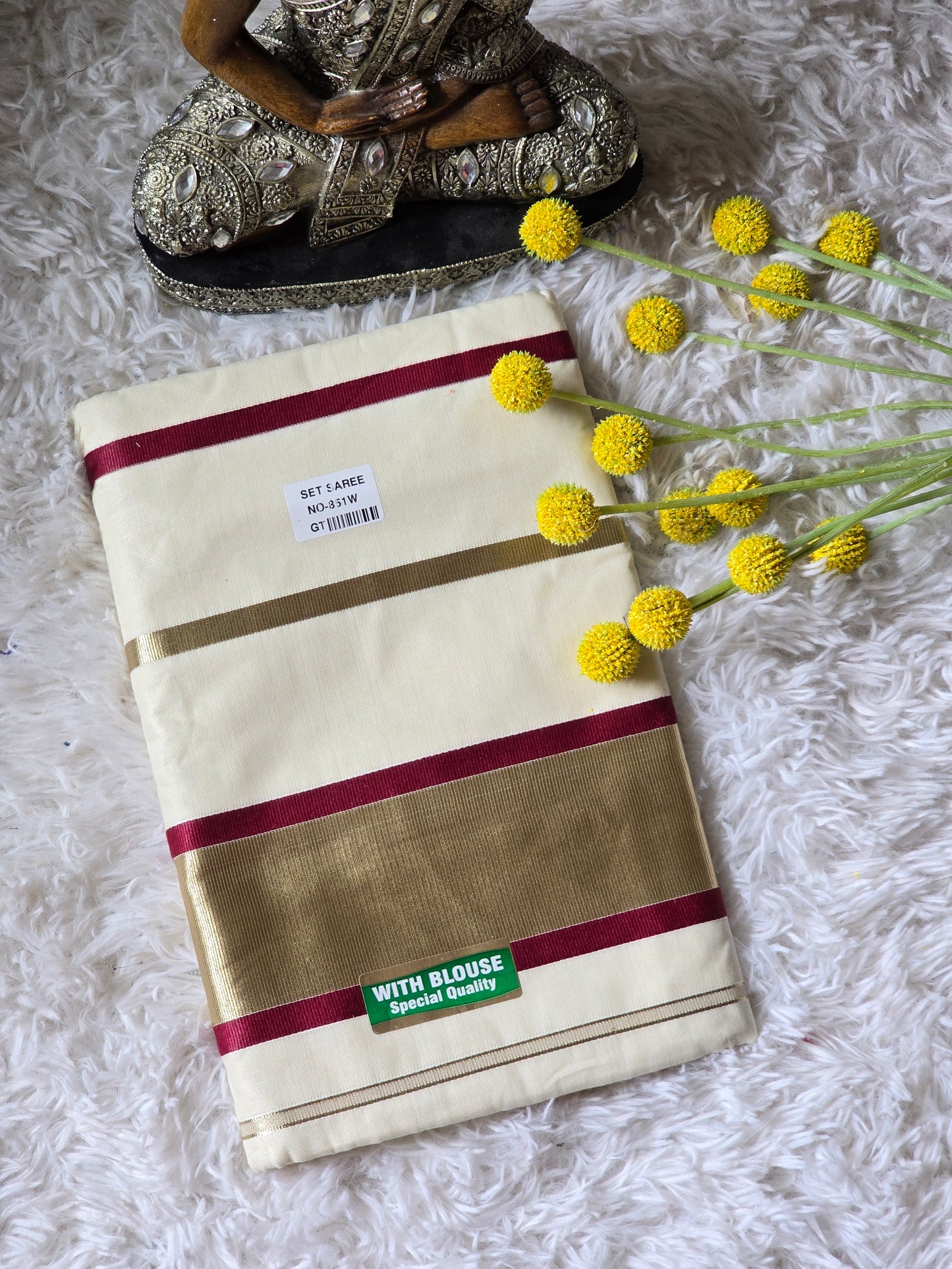 Soft cotton onam saree with maroon/ gold stripes