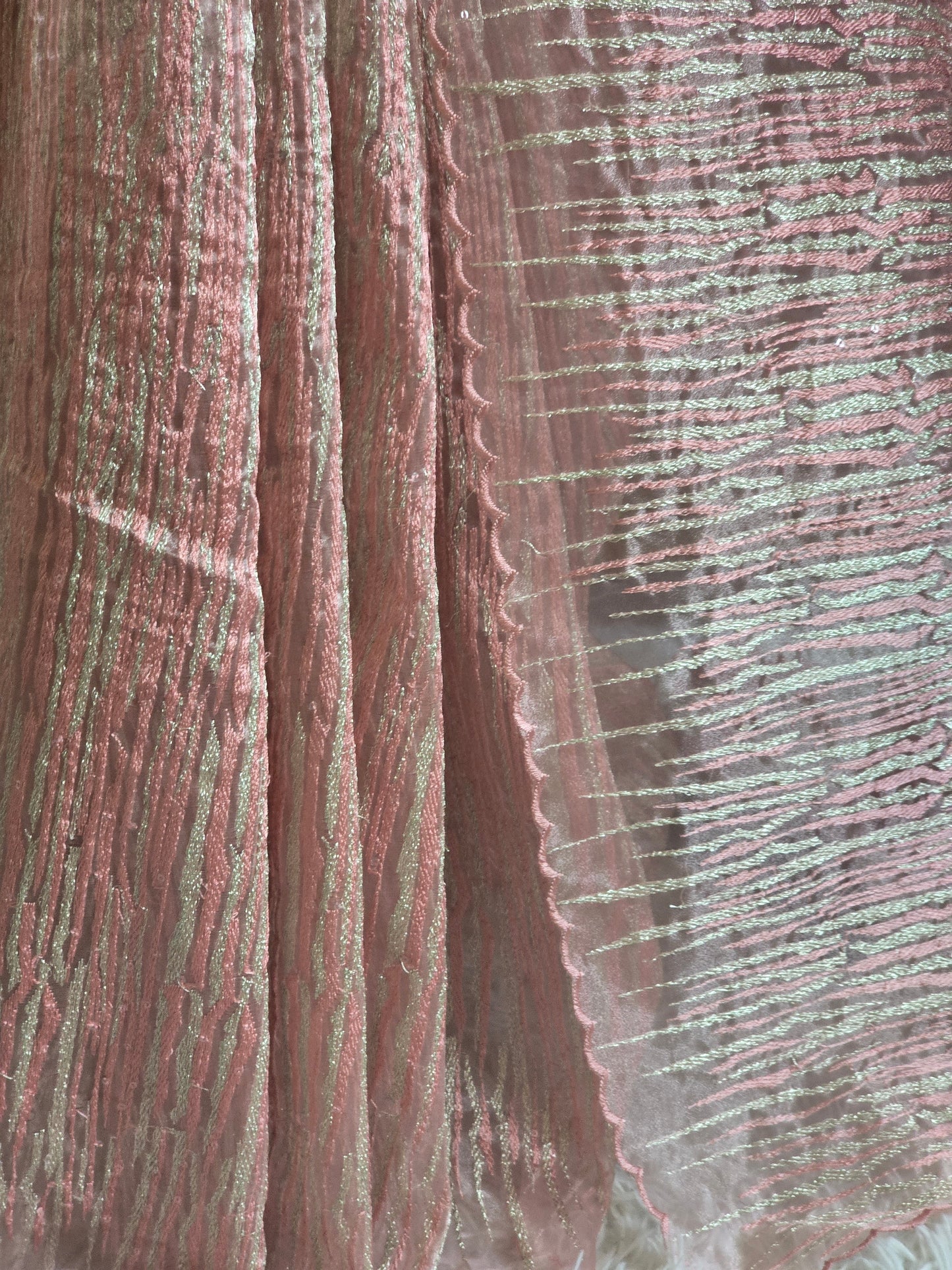 Pure organza designer saree with stitched blouse (rosegold peach tone)