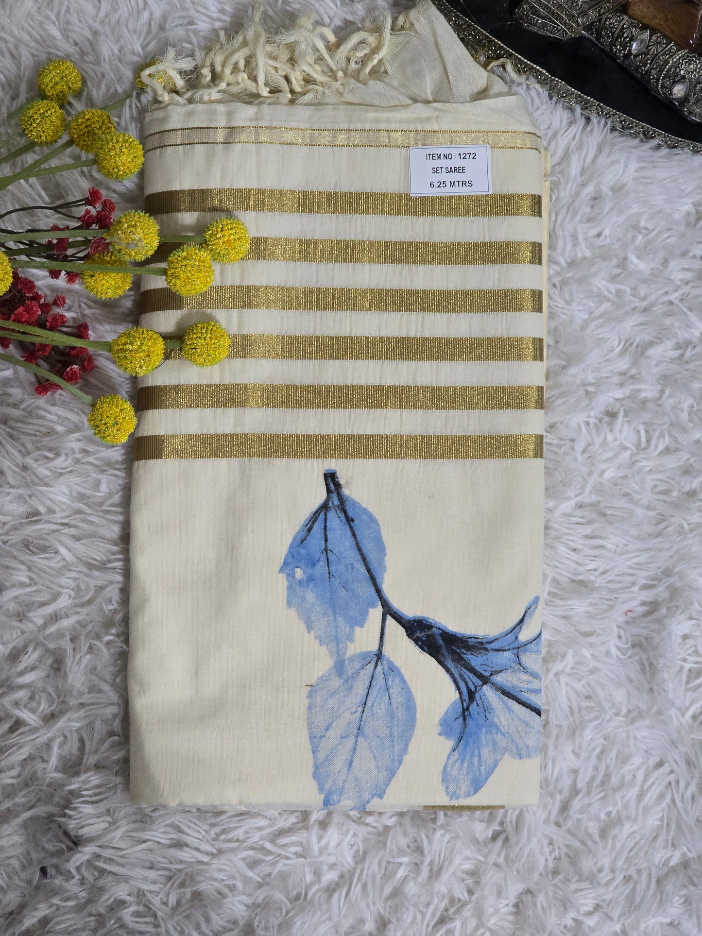 Cotton onam saree with blue printed design