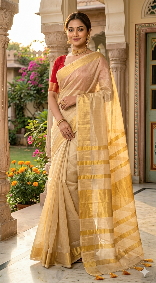 Gold tissue set saree with tassles
