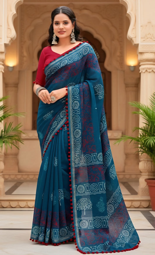 Chanderi cotton printed saree with blouse
