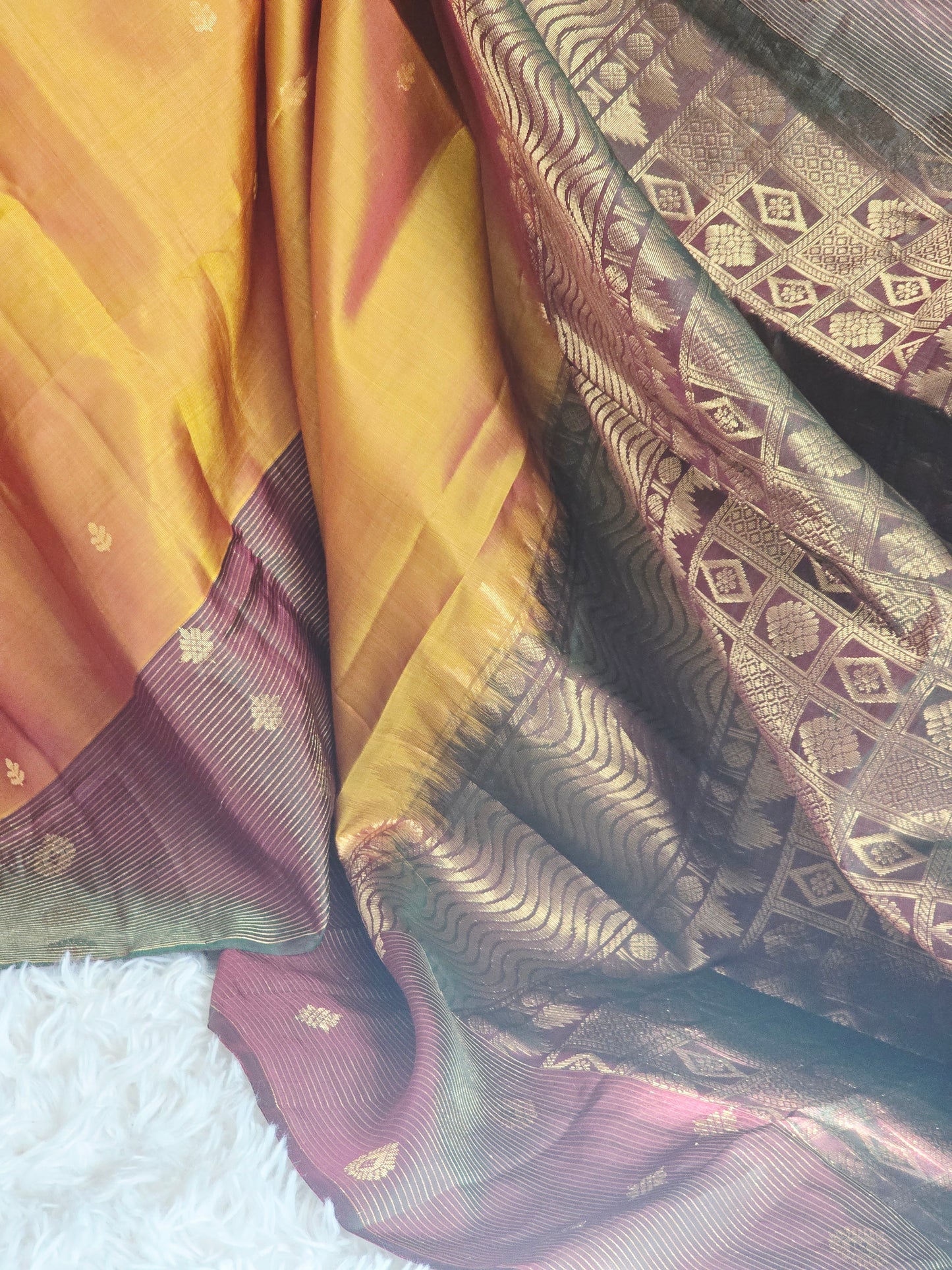 Soft silk kancheepuram(mutard yellow greenish brown)saree with stitched blouse/falln pico