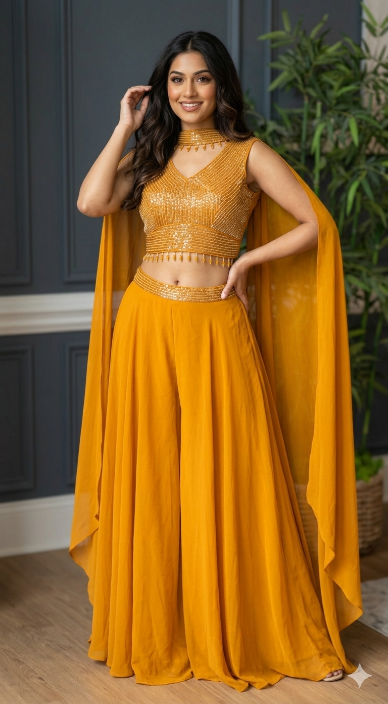 Flayered palazo 3 pc party wear set(turmeric yellow)