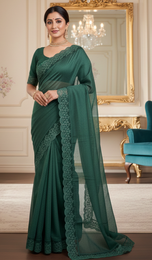 Kotta cotton saree with scallop border- Stitched blouse