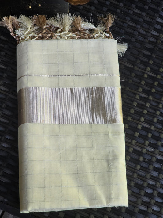 Cotton set saree with check body silver border