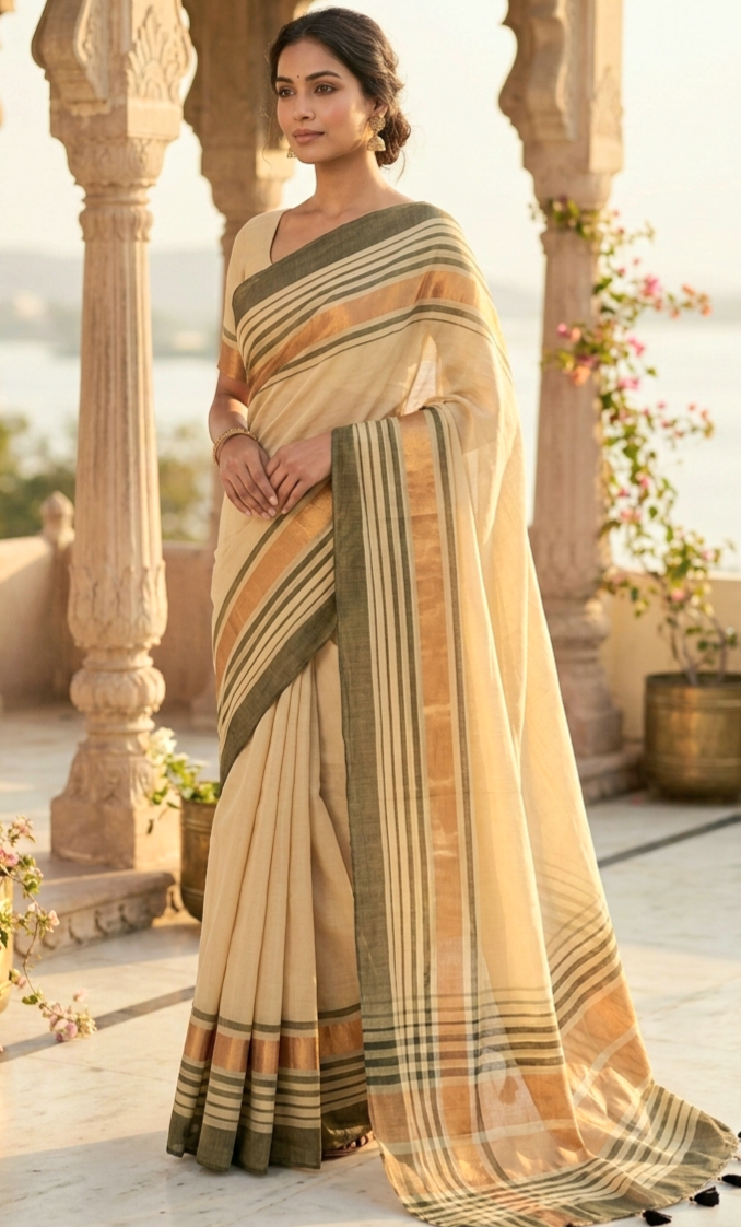 Mul cotton saree 120ct black and copper comb (sandal shade)