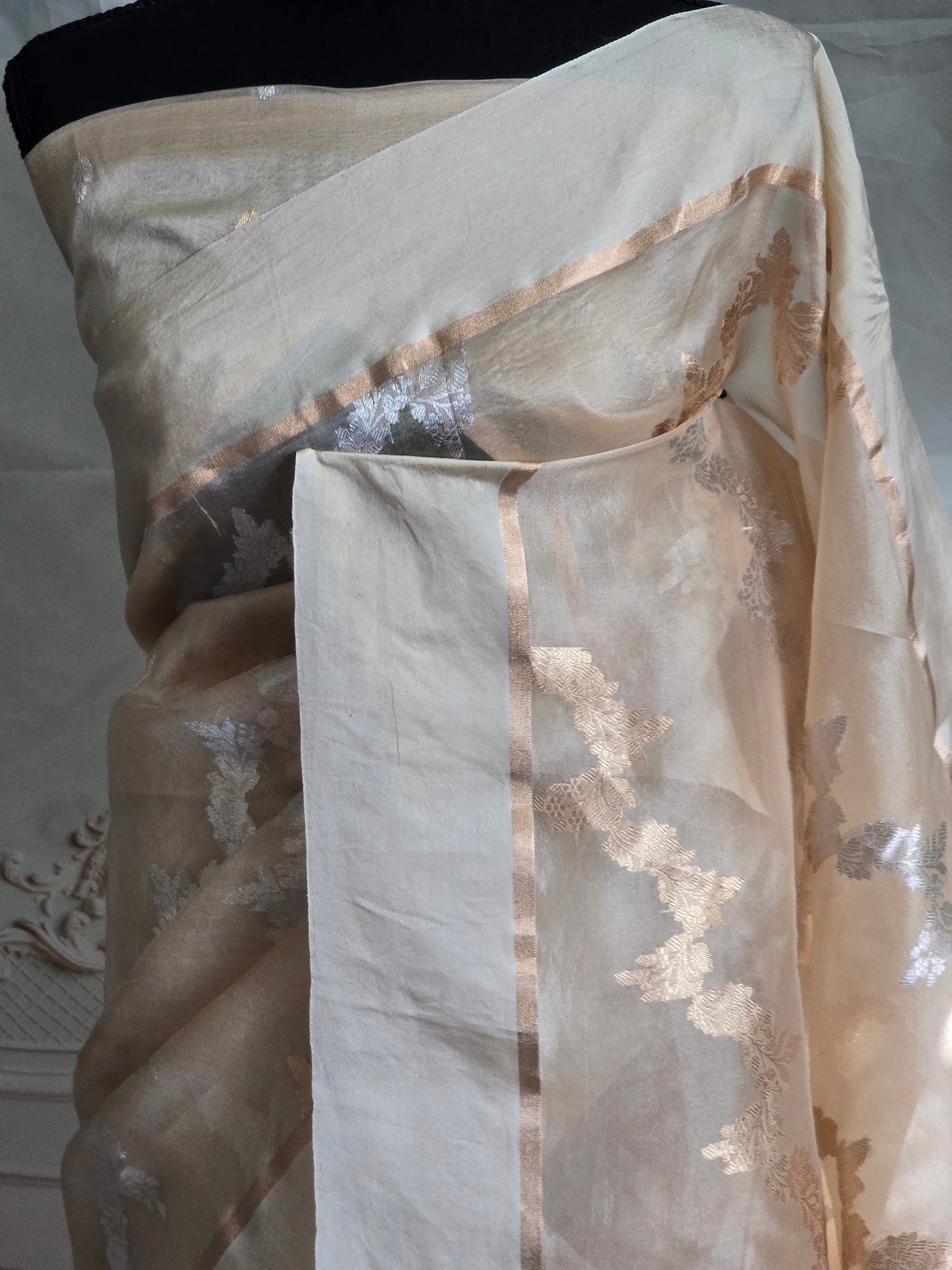 Beige golden shade-Kora Organza saree with golden weaves- Stitched blouse