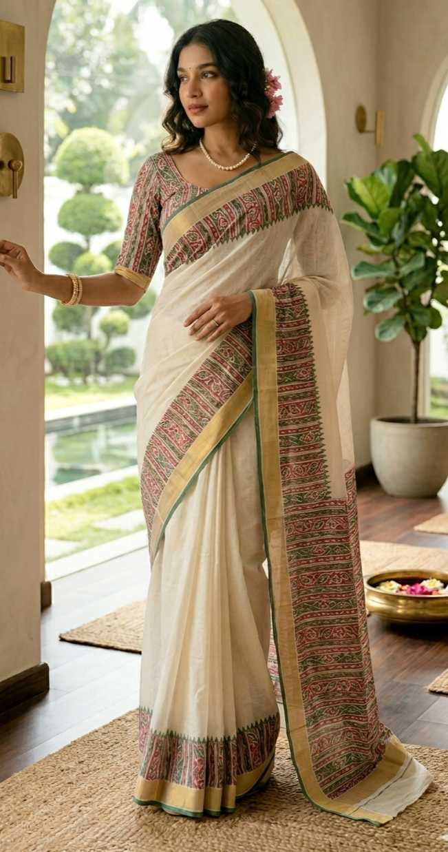 Premium cotton kerala saree (dark green) with floral block print design-stitched blouse