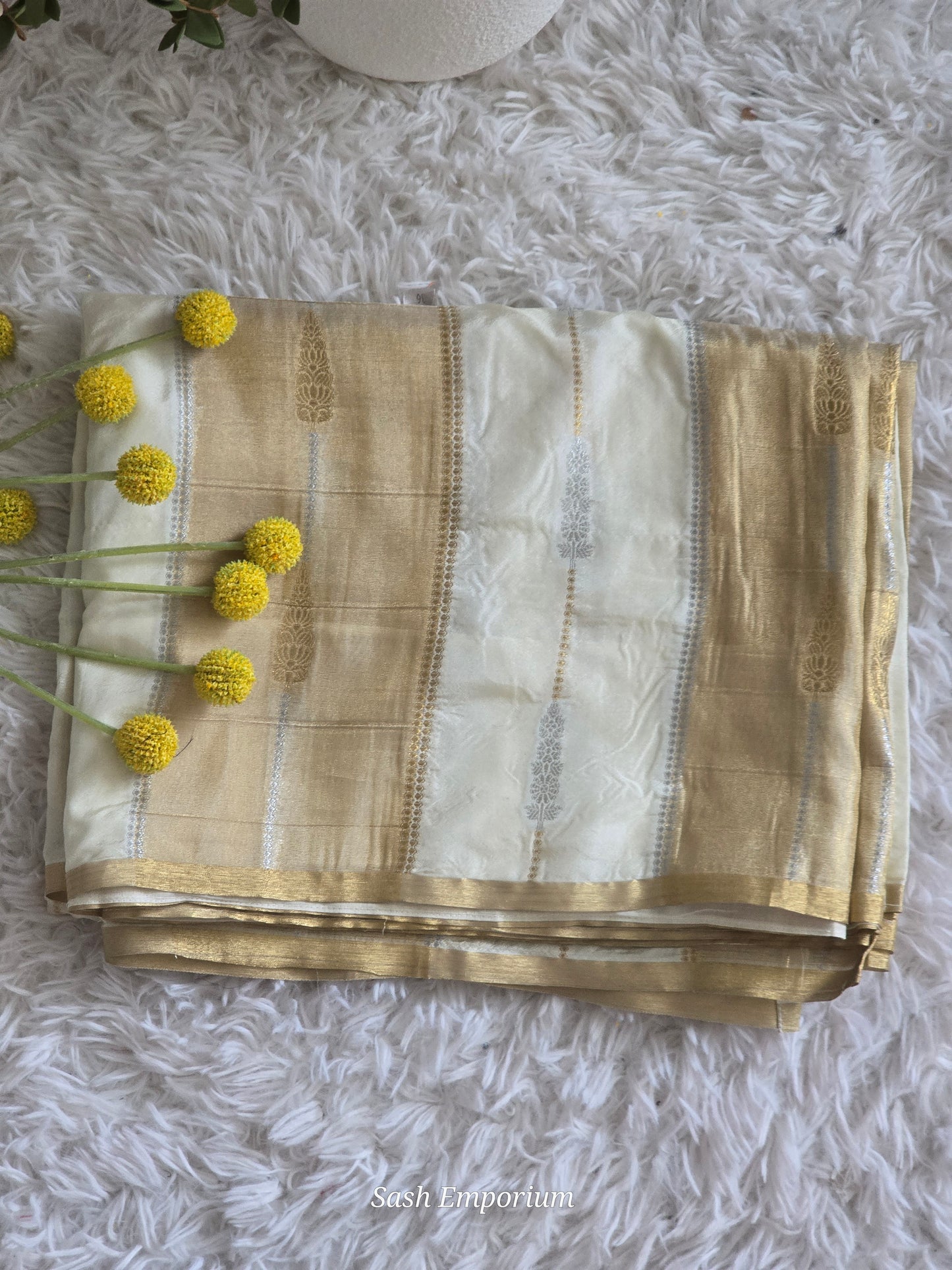 Semi silk gold creme saree with stitched blouse