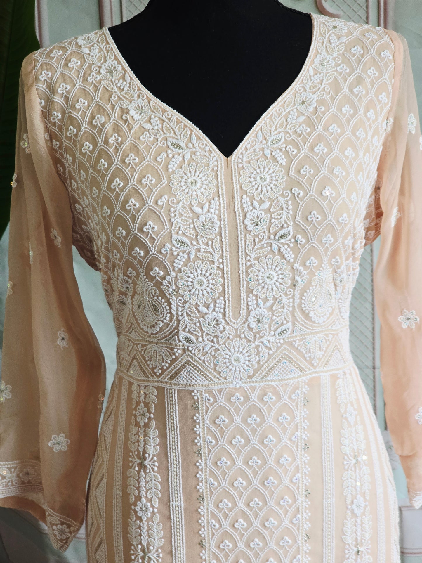 Pure georgette chikankari 3 pc salwar suit set (light peach)