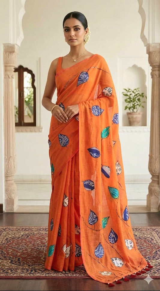 Orange Mul cotton saree with multi color patch design - No BP ( saree fall and pico done)