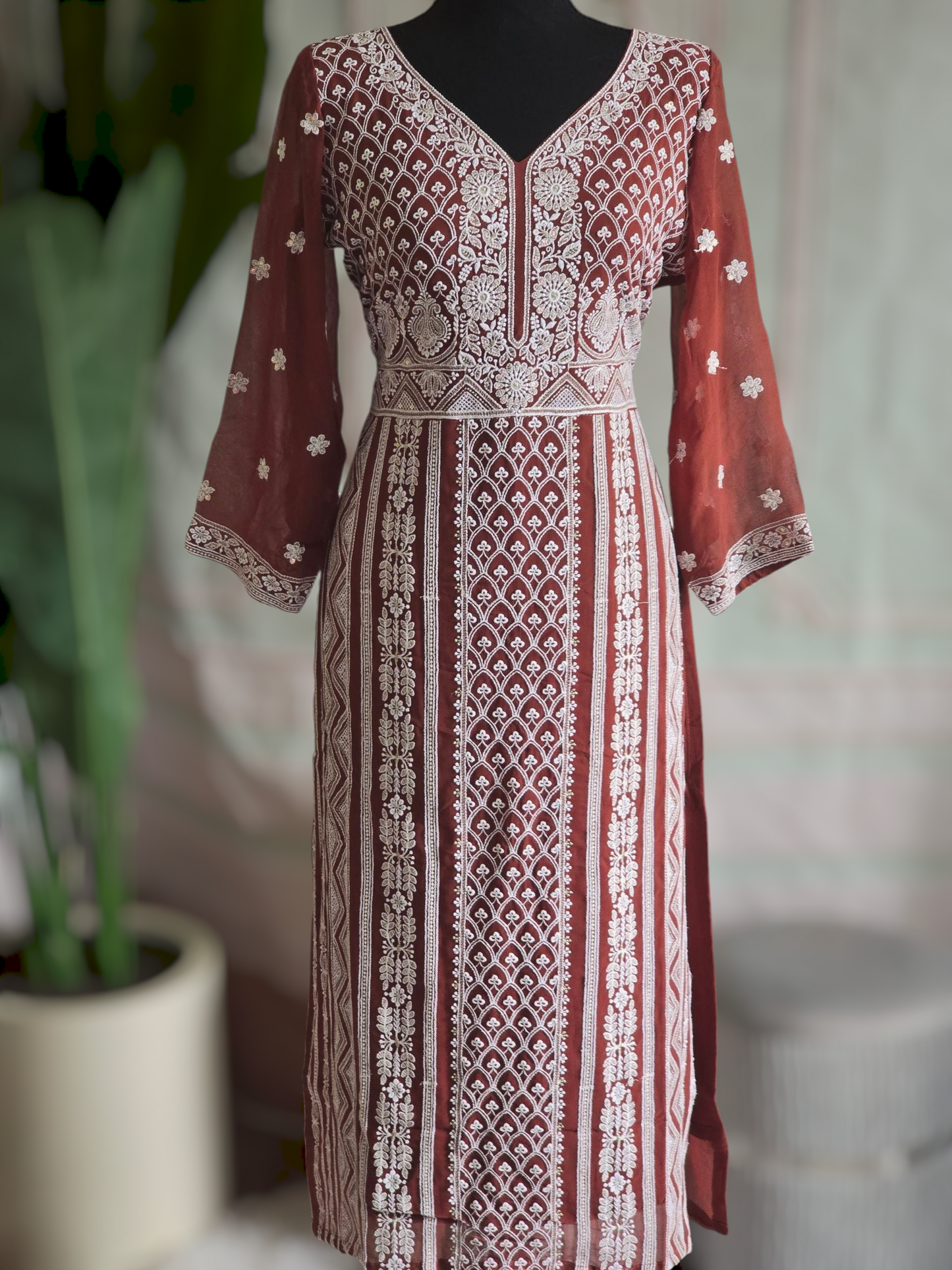 Brown shade georgette chikankari 3 pc salwar suit set