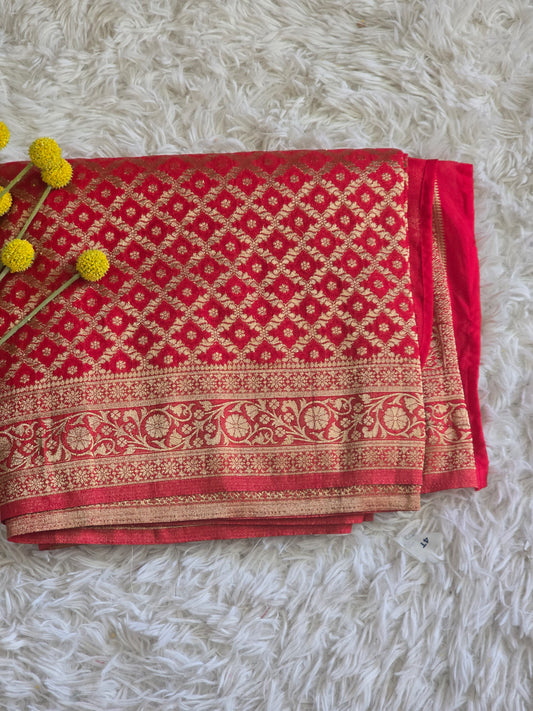Semi munga (Red) silk saree- sleevless or with sleeve stitched blouse