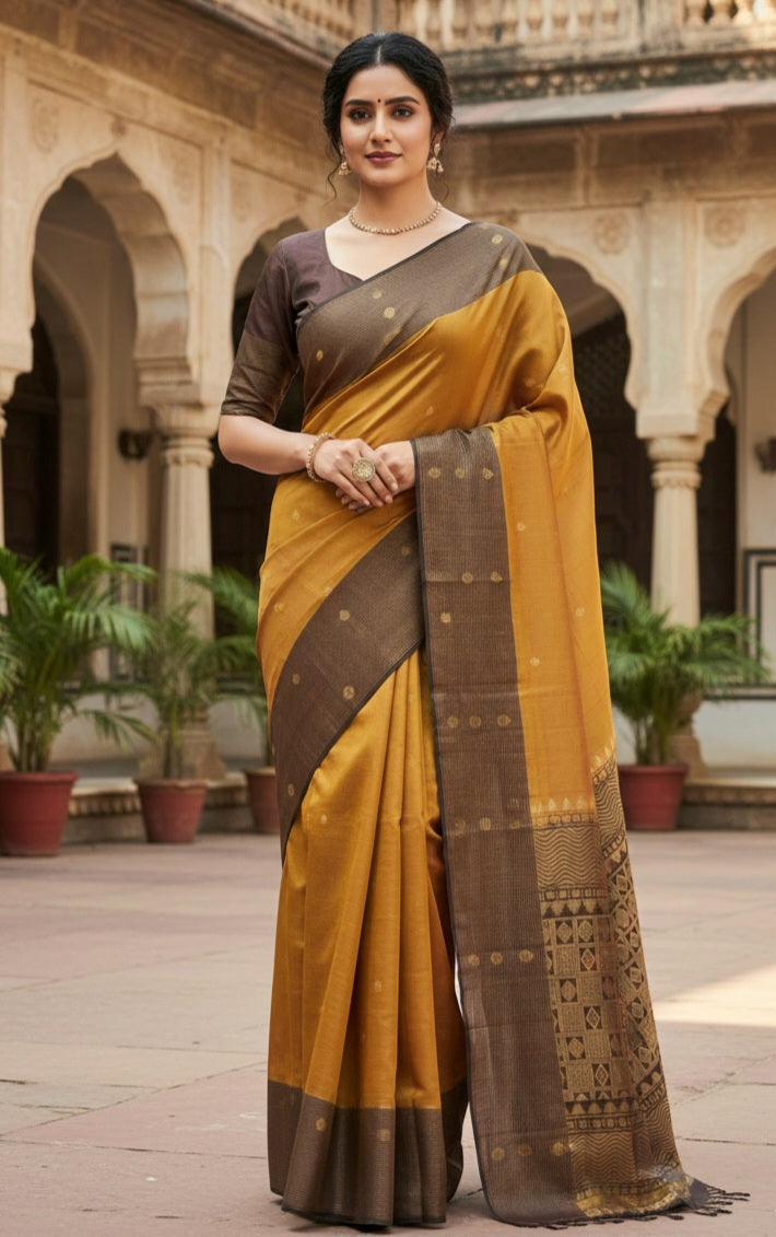 Soft silk kancheepuram(mutard yellow greenish brown)saree with stitched blouse/falln pico