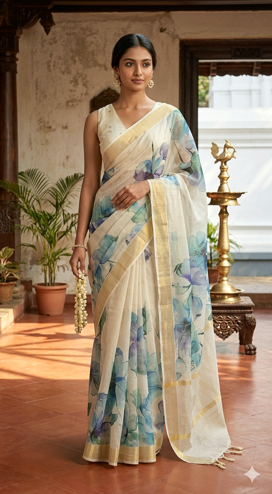 Semi silk saree with floral design- stitched blouse (sleeve)(34-42 size)