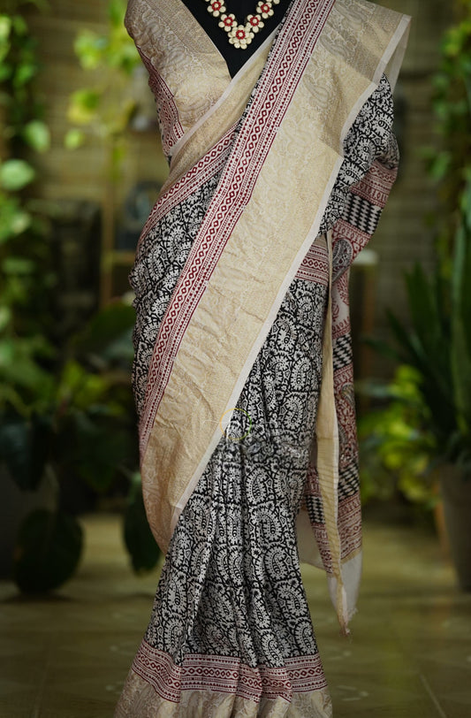 Pure Tussar silk saree with handblock print- stitched blouse