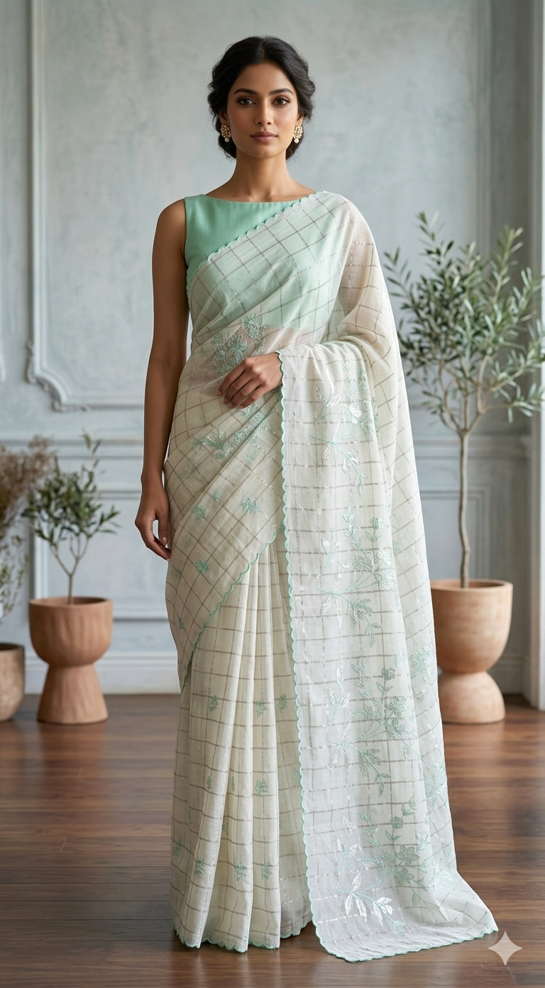 Mul chanderi saree with appliqué work- Stitched contrast blouse (sleeve)