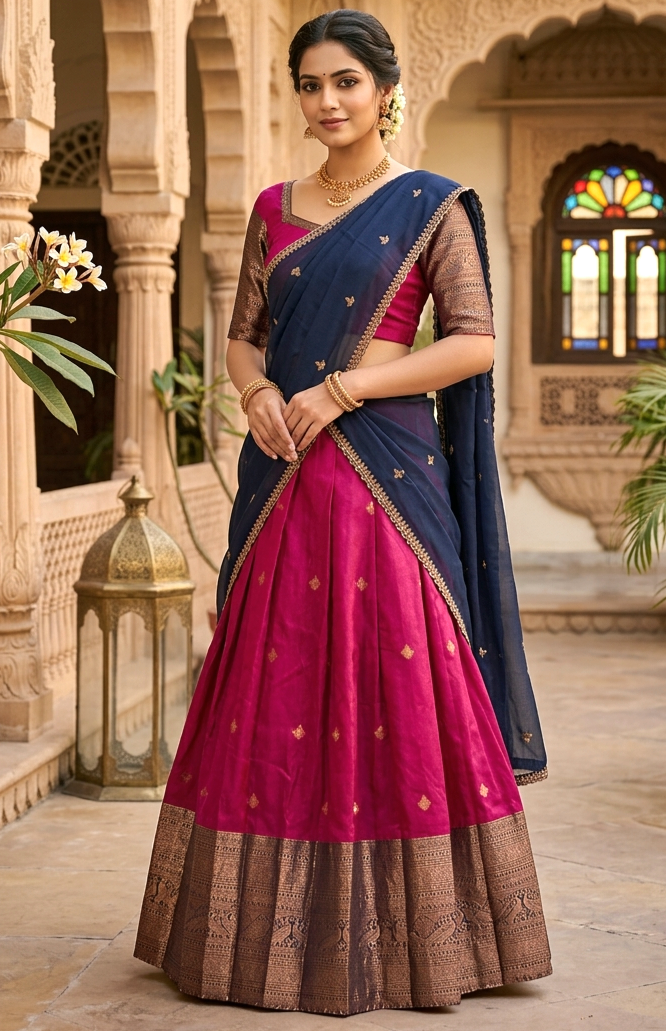 Stitched Dhavani set dark pink and blue combo (M-XL size)