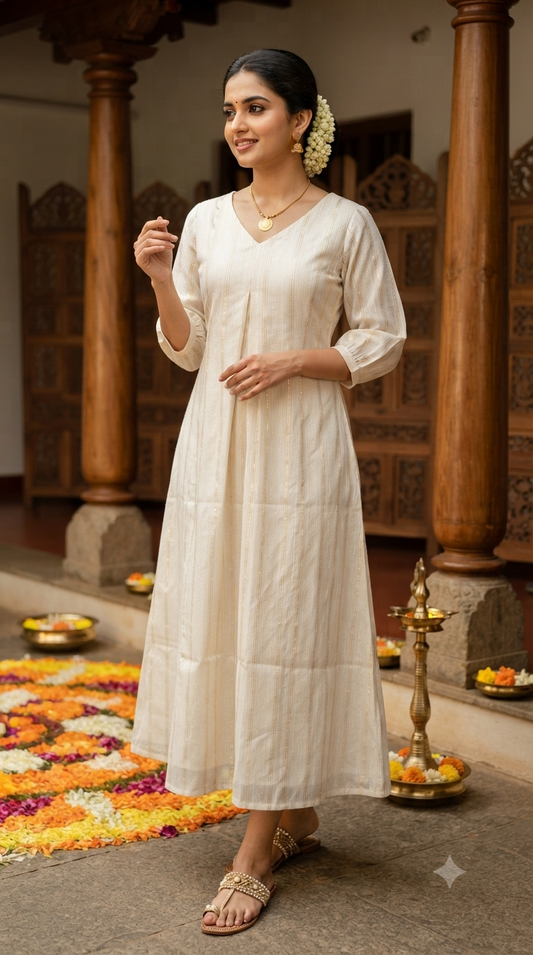 Cotton A line frock style kurti with golden stripes