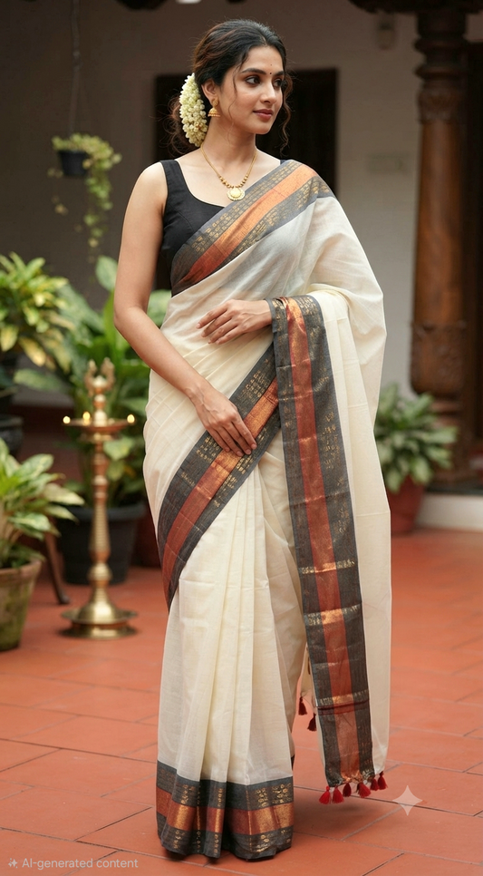 Mul cotton saree with kanchee border( fall and pico ready)- BP