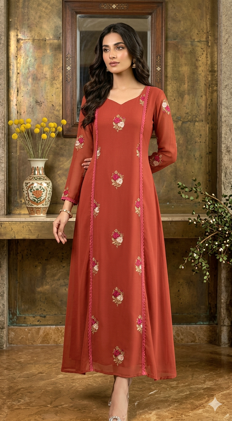 Faux georgette A-line top(burnt orange )with floral work-kurti