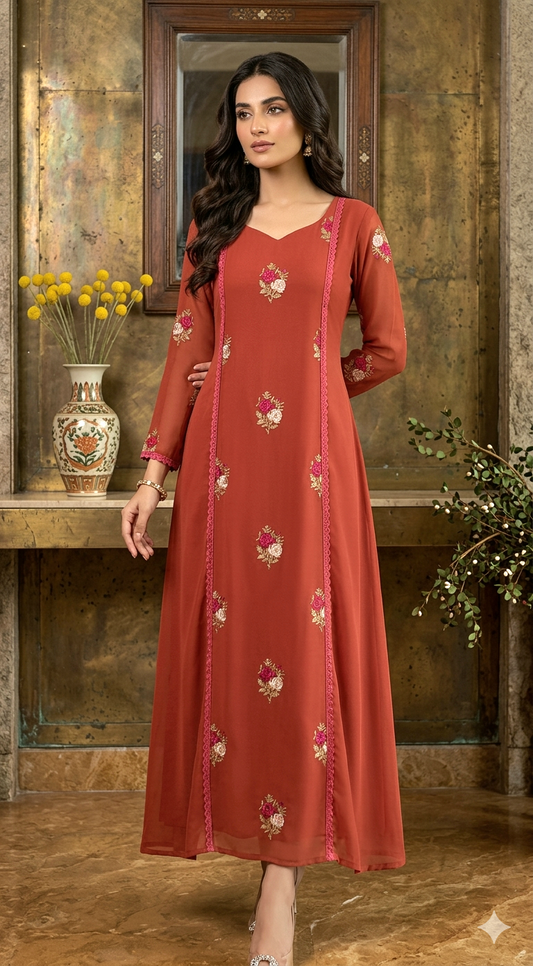 Faux georgette A-line top(burnt orange )with floral work-kurti