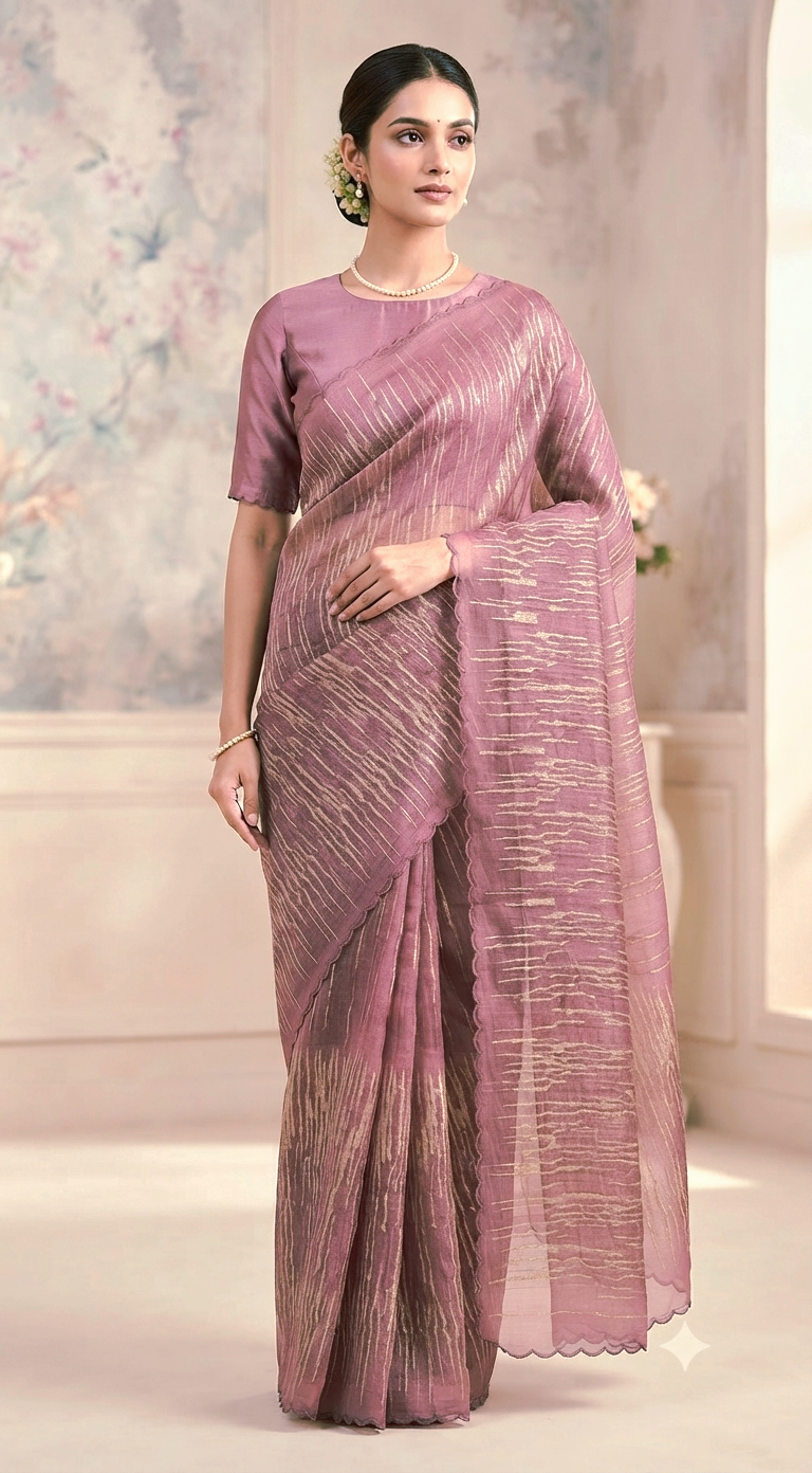 Pure organza designer saree with stitched blouse (mauve pink tone)